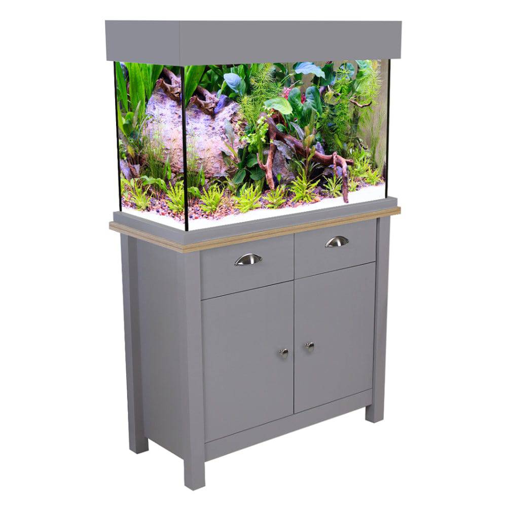 Aqua One Oak Style Shades Flint Grey Aquarium Fish Tank with Cabinet 81cm 145L - Real Aquatics