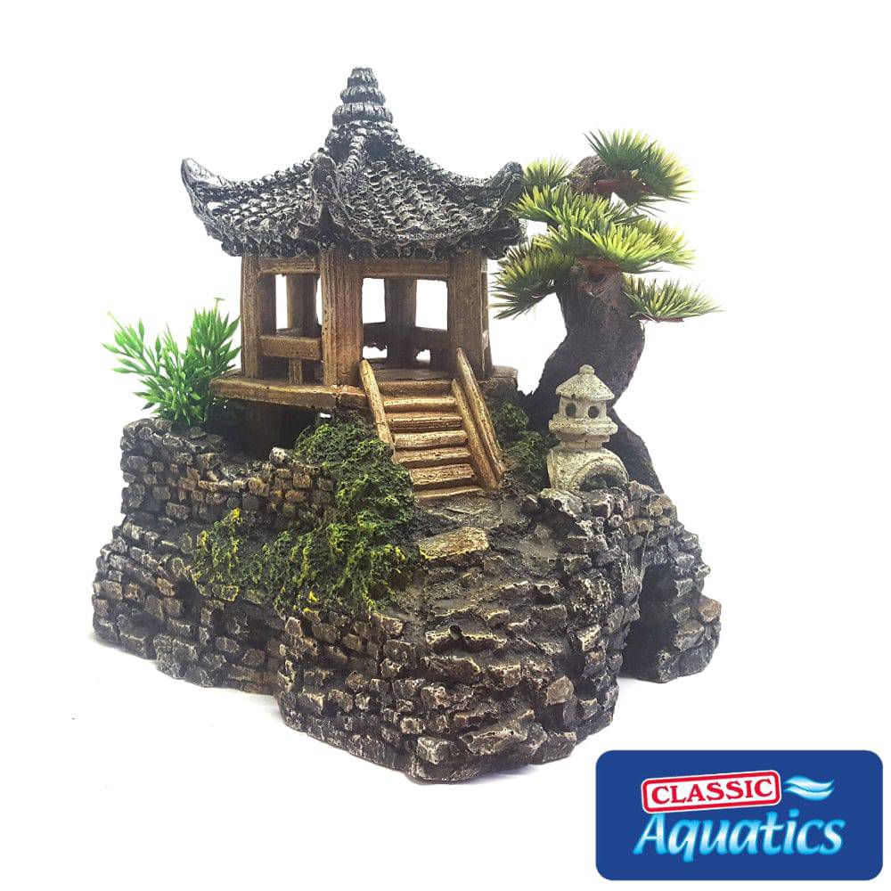 Classic Aquatics Pagoda House & Plants Aquarium Ornament Decoration - Real Aquatics