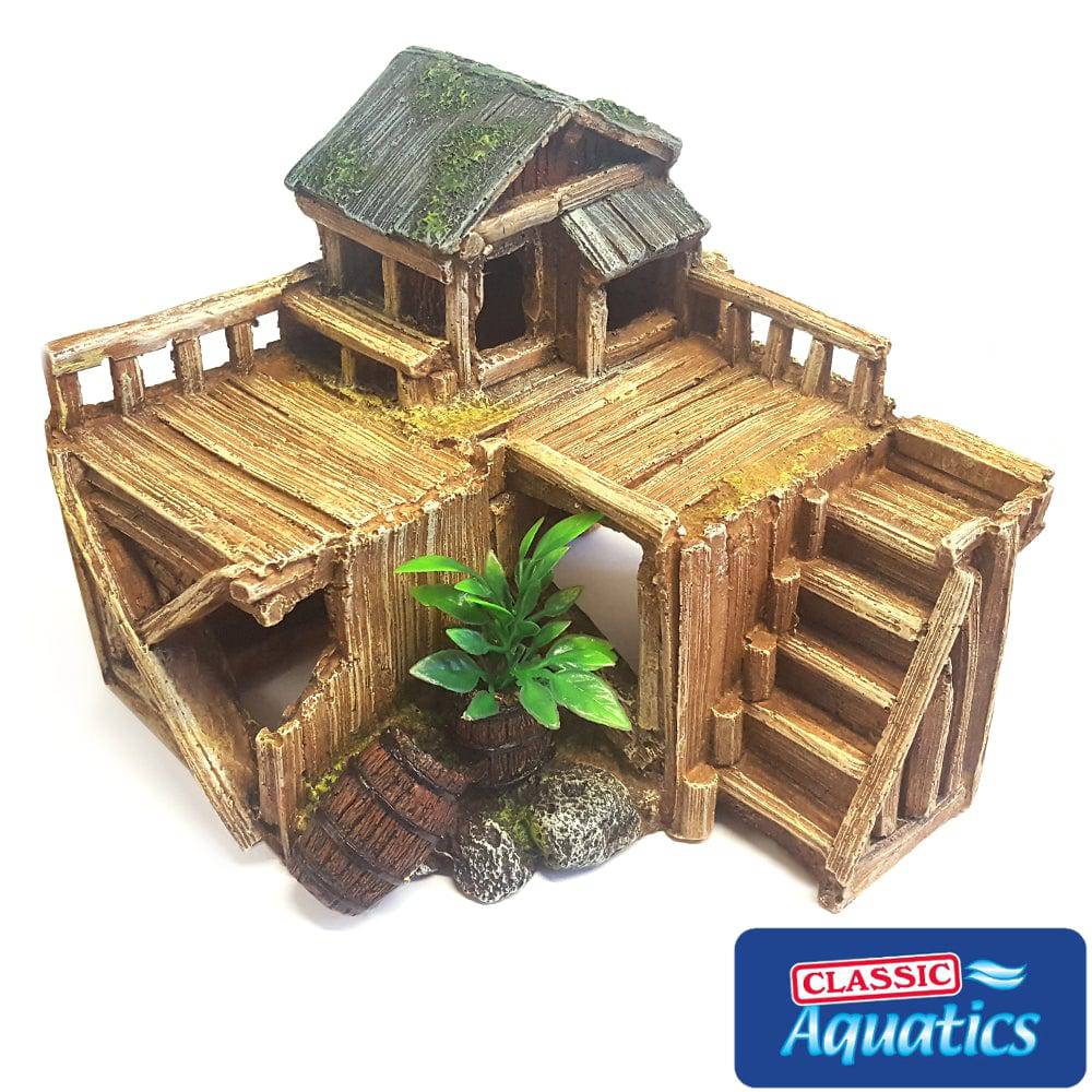 Classic Aquatics Wooden Corner House w. Plants Ornament - Real Aquatics