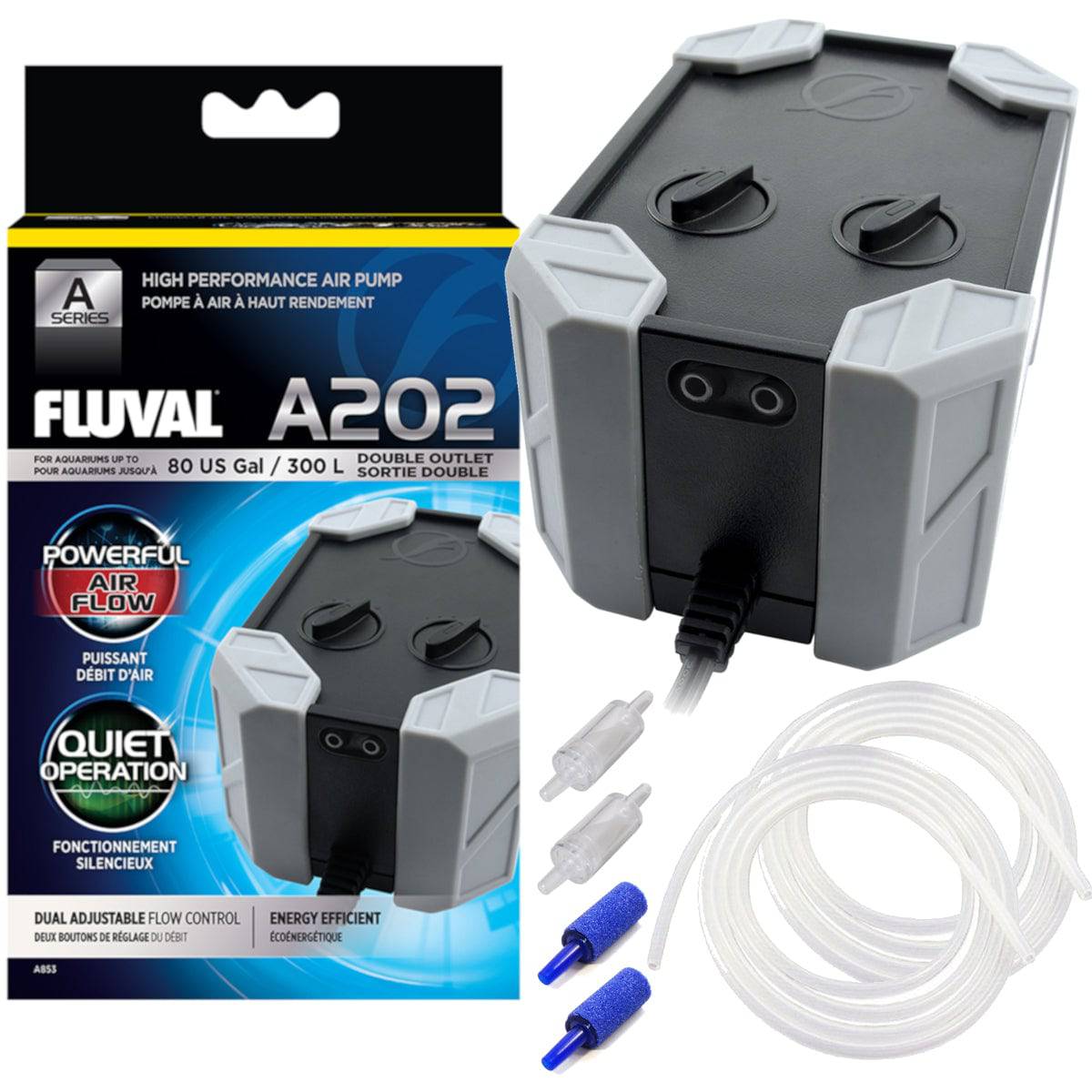 Fluval A202 Dual Outlet Air Pump Adjustable Flow Rate Tanks <300L - Real Aquatics