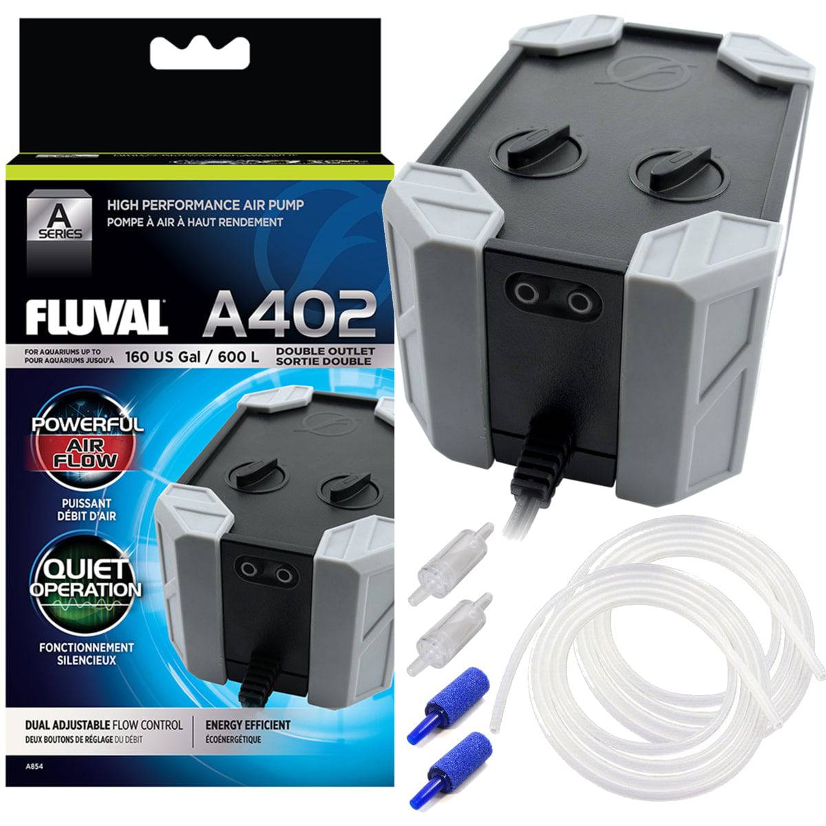 Fluval A402 Dual Outlet Air Pump Adjustable Flow Rate Tanks <600L - Real Aquatics