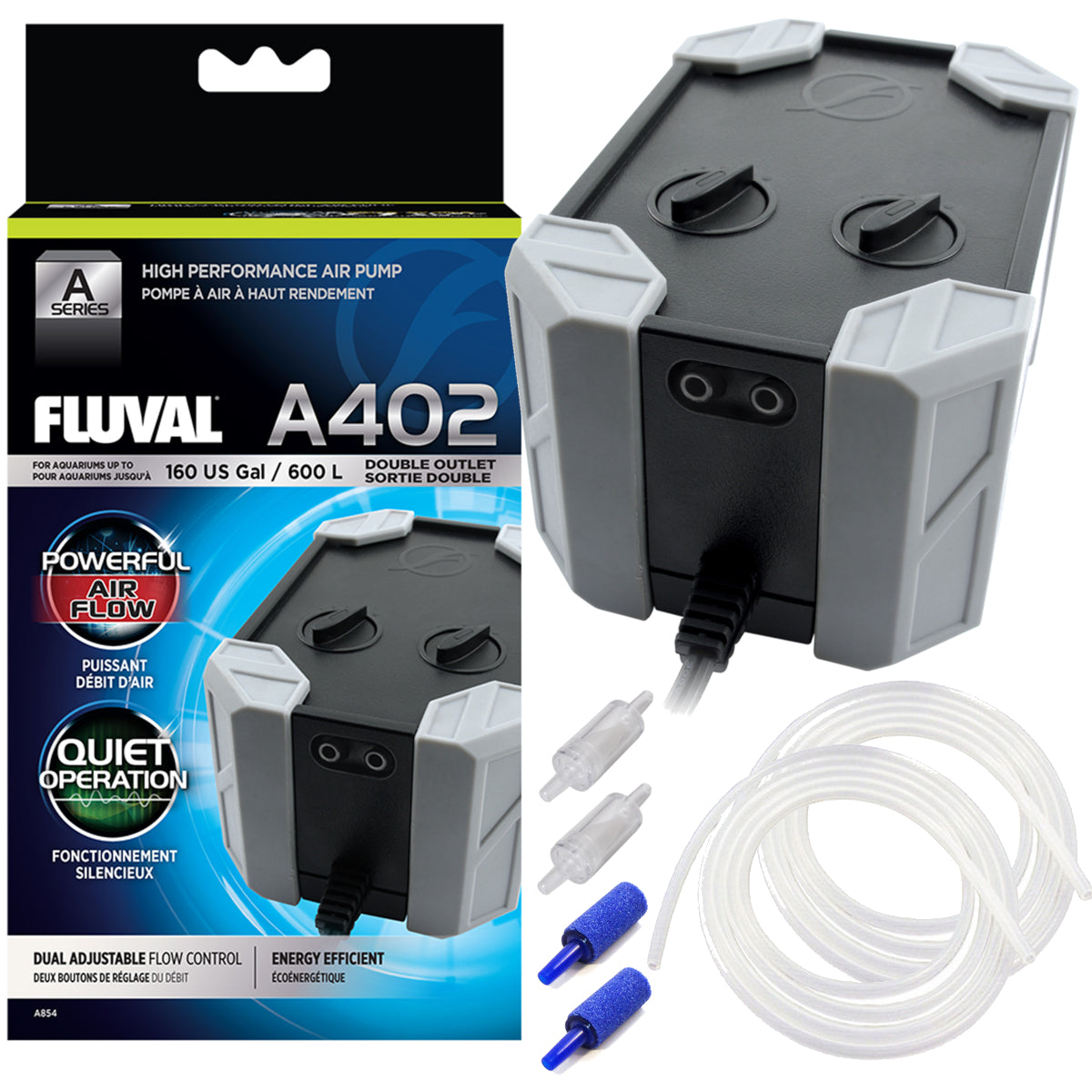 Fluval A402 Dual Outlet Air Pump Adjustable Flow Rate Tanks <600L